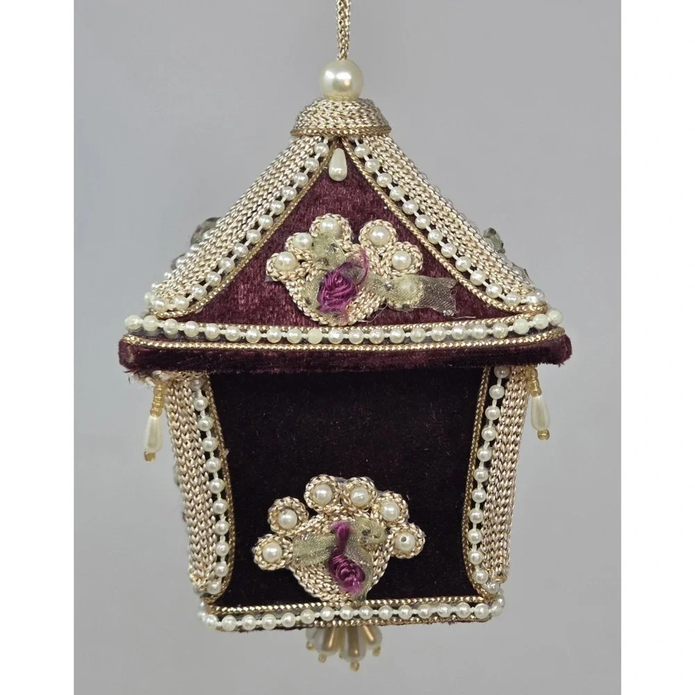 Vintage Handmade Beaded Pagoda Christmas Ornament Pearl Velvet Victorian Style